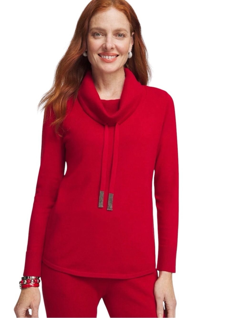 Chico’s Zenergy Cashmere Blend Ballchain Cowl Sweater Wild Poppy Size XXL
